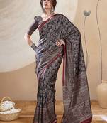 Navy blue ethnic motifs digital printed silk blend saree with unstitched blouse