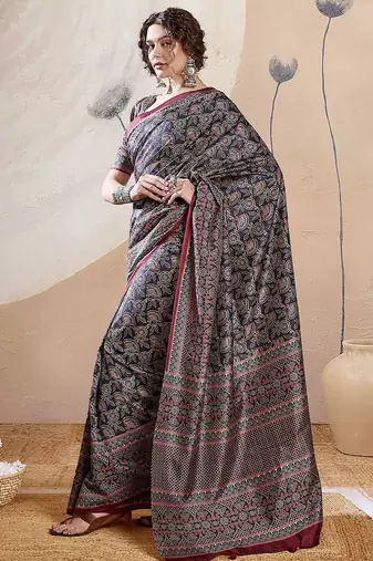 Navy blue ethnic motifs digital printed silk blend saree with unstitched blouse