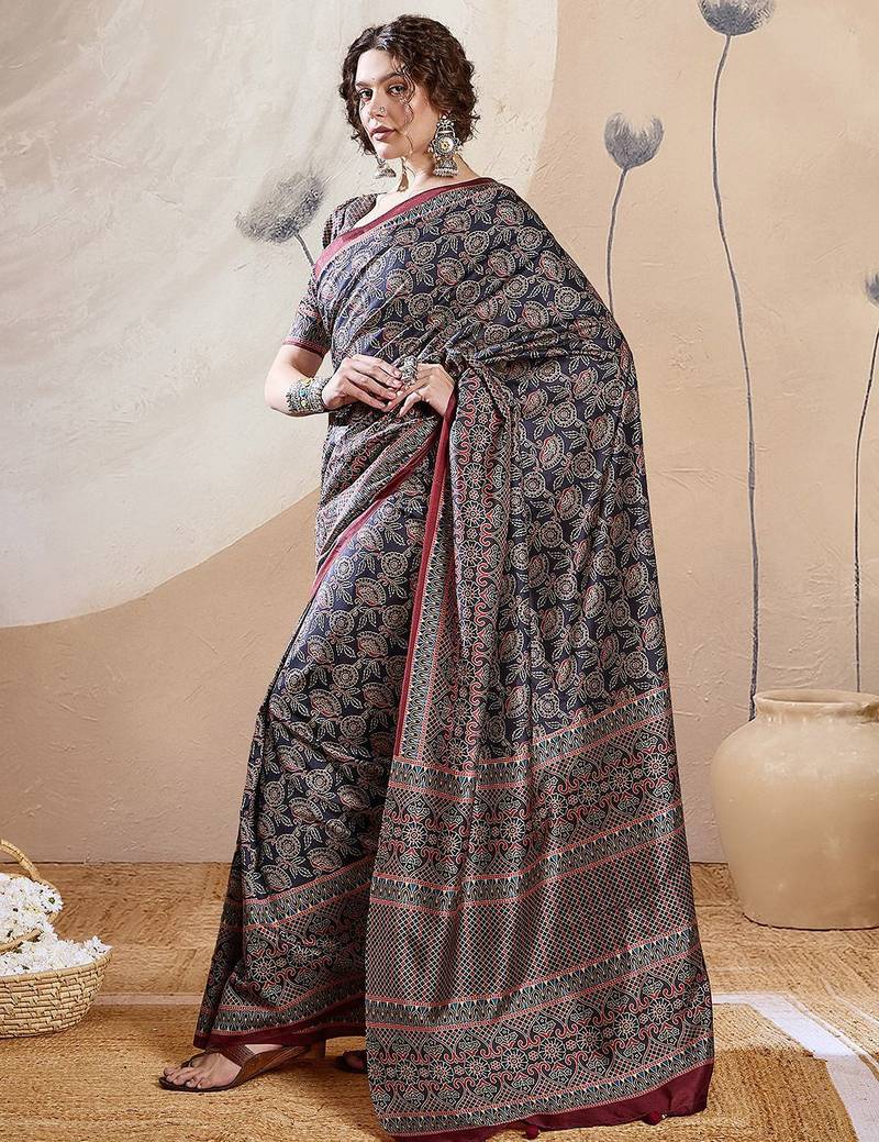 Navy blue ethnic motifs digital printed silk blend saree with unstitched blouse