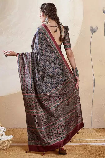 Navy blue ethnic motifs digital printed silk blend saree with unstitched blouse