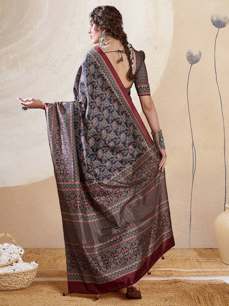 Navy blue ethnic motifs digital printed silk blend saree with unstitched blouse