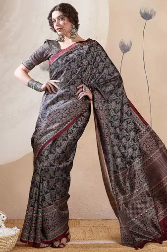 Navy blue ethnic motifs digital printed silk blend saree with unstitched blouse