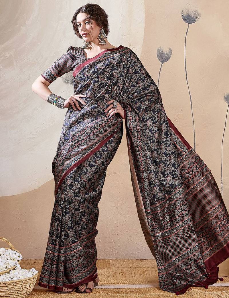 Navy blue ethnic motifs digital printed silk blend saree with unstitched blouse