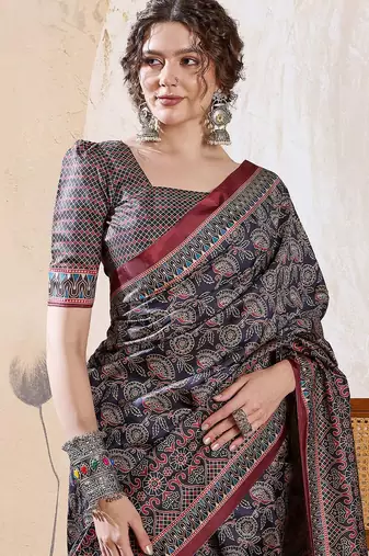 Navy blue ethnic motifs digital printed silk blend saree with unstitched blouse