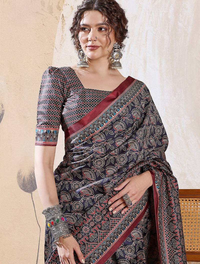 Navy blue ethnic motifs digital printed silk blend saree with unstitched blouse