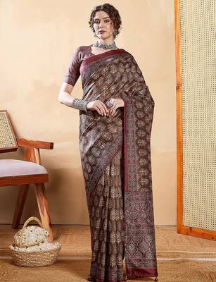 Brown ethnic motifs digital printed silk blend saree with unstitched blouse 1