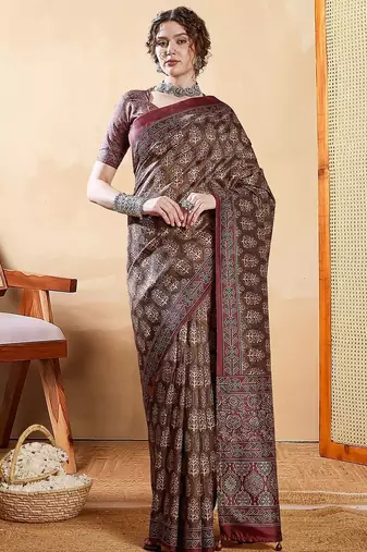 Brown ethnic motifs digital printed silk blend saree with unstitched blouse