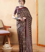 Brown ethnic motifs digital printed silk blend saree with unstitched blouse