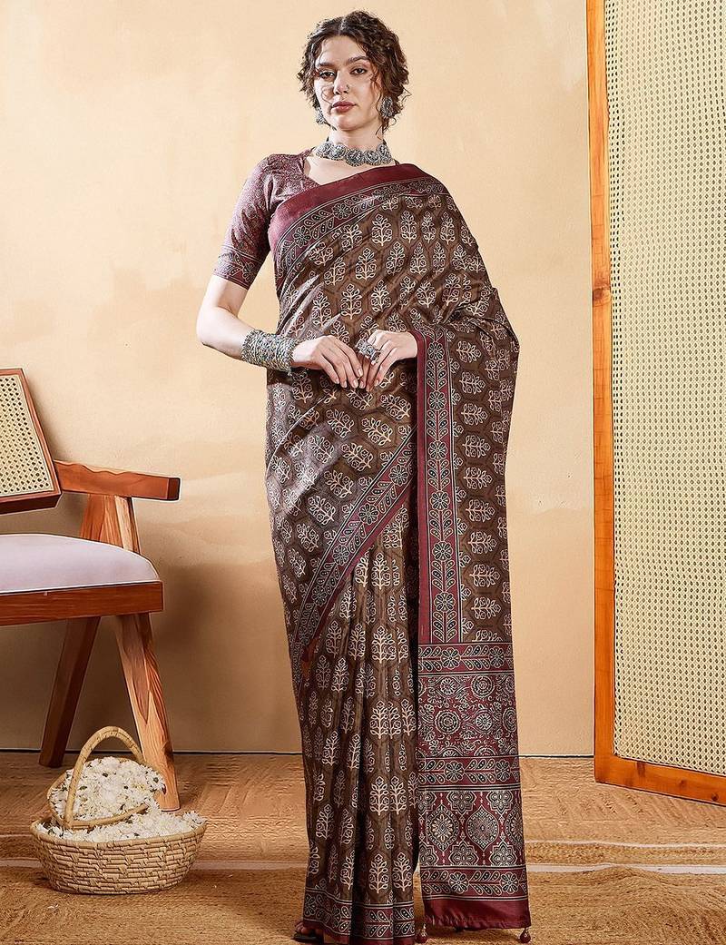 Brown ethnic motifs digital printed silk blend saree with unstitched blouse