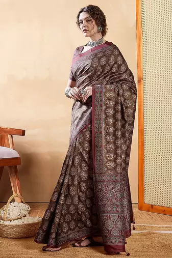 Brown ethnic motifs digital printed silk blend saree with unstitched blouse