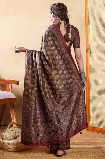Brown ethnic motifs digital printed silk blend saree with unstitched blouse