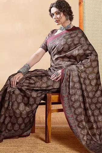 Brown ethnic motifs digital printed silk blend saree with unstitched blouse