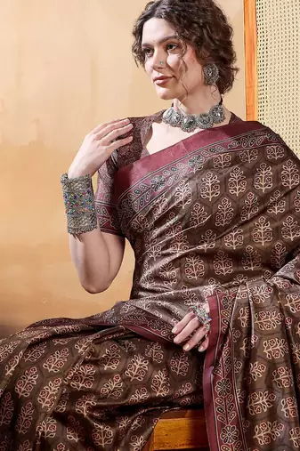 Brown ethnic motifs digital printed silk blend saree with unstitched blouse