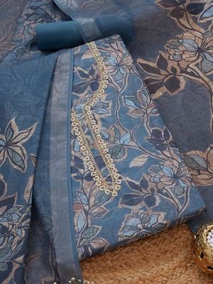 floral printed beads and stones linen unstitched dress material 1