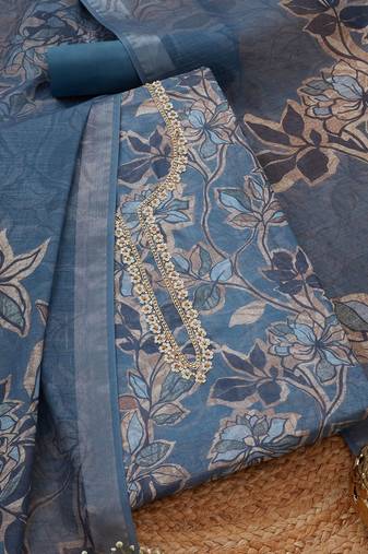 floral printed beads and stones linen unstitched dress material