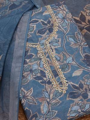 floral printed beads and stones linen unstitched dress material 2