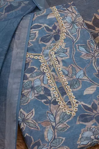 floral printed beads and stones linen unstitched dress material