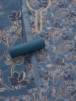 floral printed beads and stones linen unstitched dress material 4