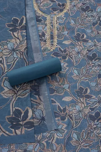 floral printed beads and stones linen unstitched dress material