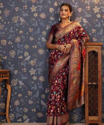 Burgundy floral woven design zari banarasi saree 1