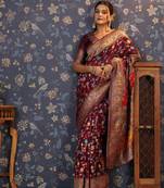 Burgundy floral woven design zari banarasi saree
