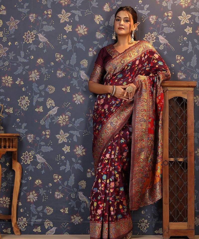 Burgundy floral woven design zari banarasi saree