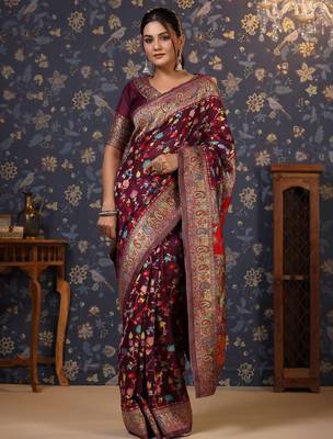 Burgundy floral woven design zari banarasi saree 2