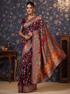 Burgundy floral woven design zari banarasi saree 3