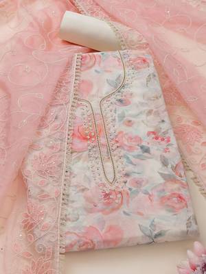 floral printed beads work chanderi unstitched dress material 1