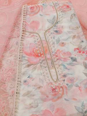 floral printed beads work chanderi unstitched dress material 2