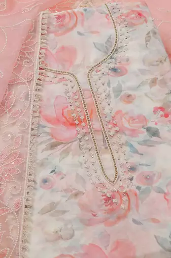 floral printed beads work chanderi unstitched dress material