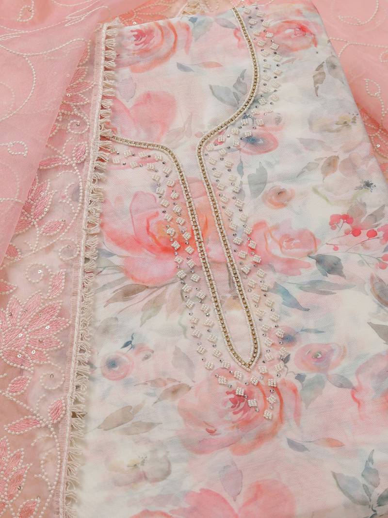 floral printed beads work chanderi unstitched dress material