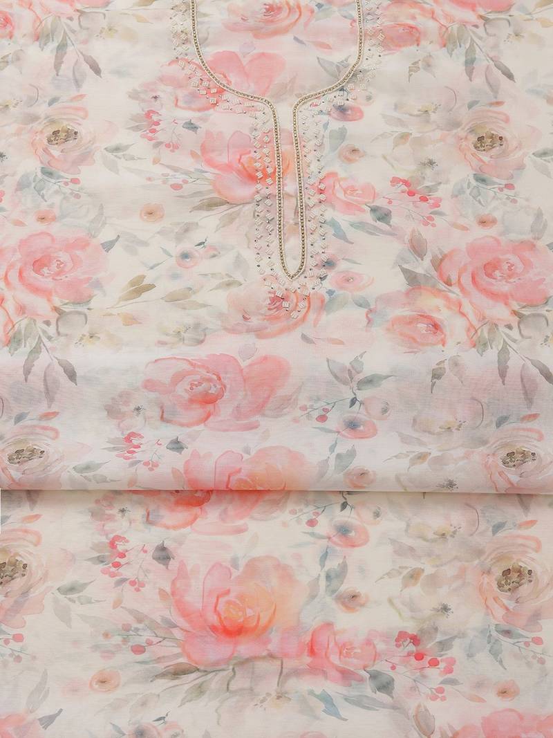 floral printed beads work chanderi unstitched dress material