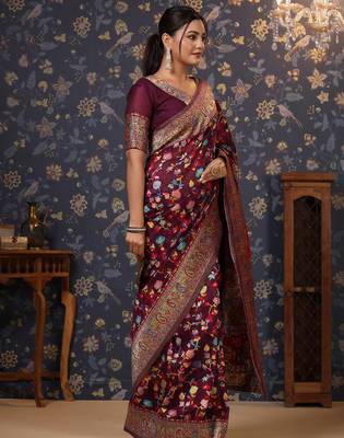 Burgundy floral woven design zari banarasi saree 4