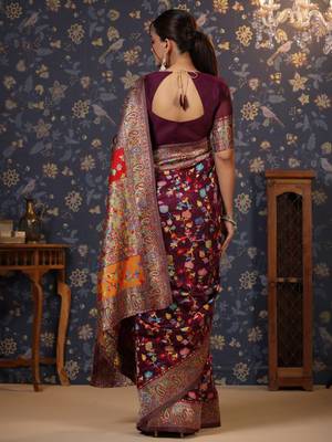 Burgundy floral woven design zari banarasi saree 5