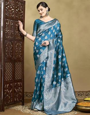 Blue woven design saree with blouse 2
