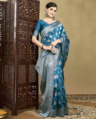 Blue woven design saree with blouse 3