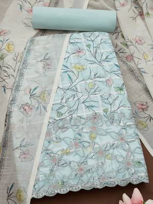 floral printed sequinned linen unstitched dress material 1