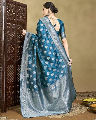 Blue woven design saree with blouse 4