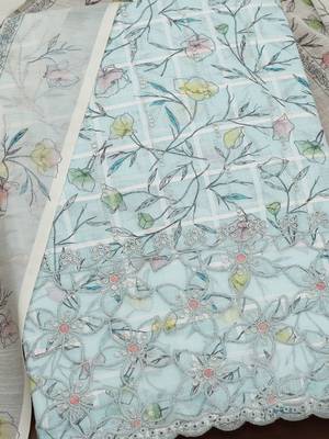 floral printed sequinned linen unstitched dress material 2