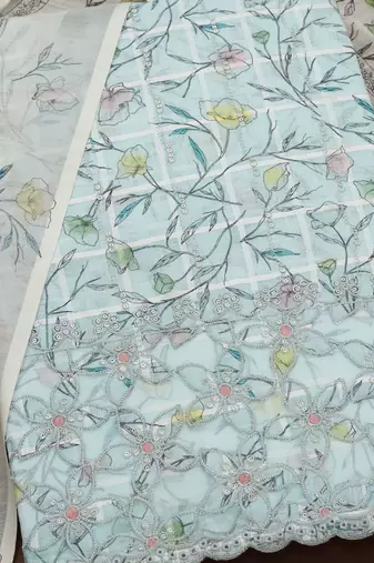 floral printed sequinned linen unstitched dress material