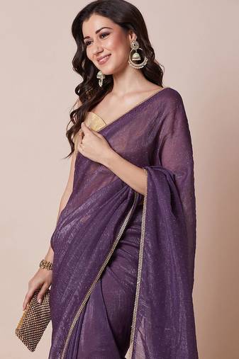Purple embellished satin silk saree with unstitched blouse