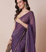 Purple embellished satin silk saree with unstitched blouse