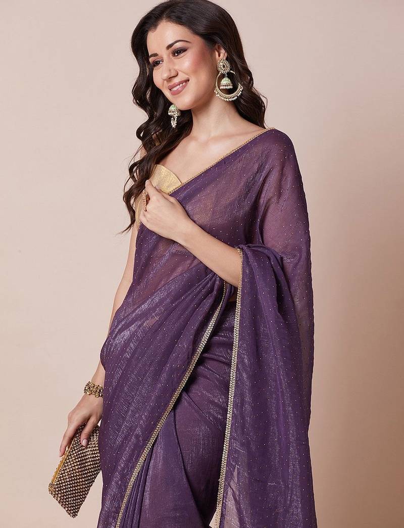 Purple embellished satin silk saree with unstitched blouse