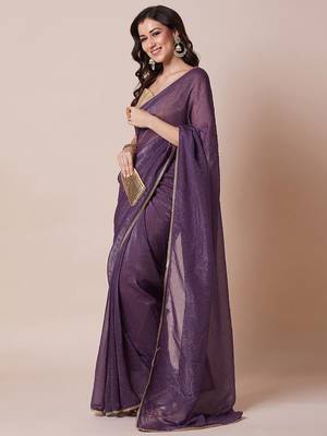 Purple embellished satin silk saree with unstitched blouse 3
