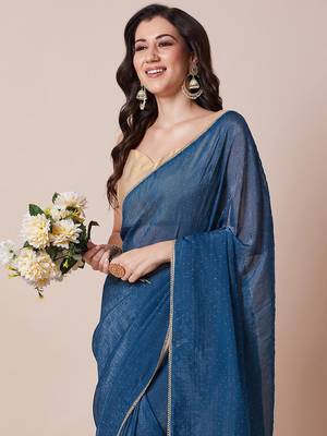 Teal embellished party wear saree with unstitched blouse piece 1
