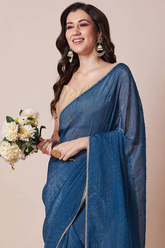 Teal embellished party wear saree with unstitched blouse piece