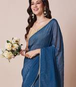 Teal embellished party wear saree with unstitched blouse piece