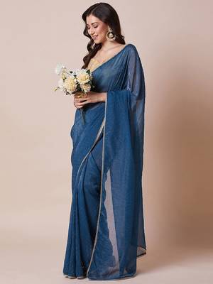 Teal embellished party wear saree with unstitched blouse piece 2