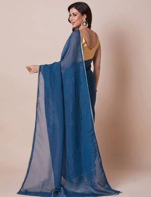 Teal embellished party wear saree with unstitched blouse piece 3